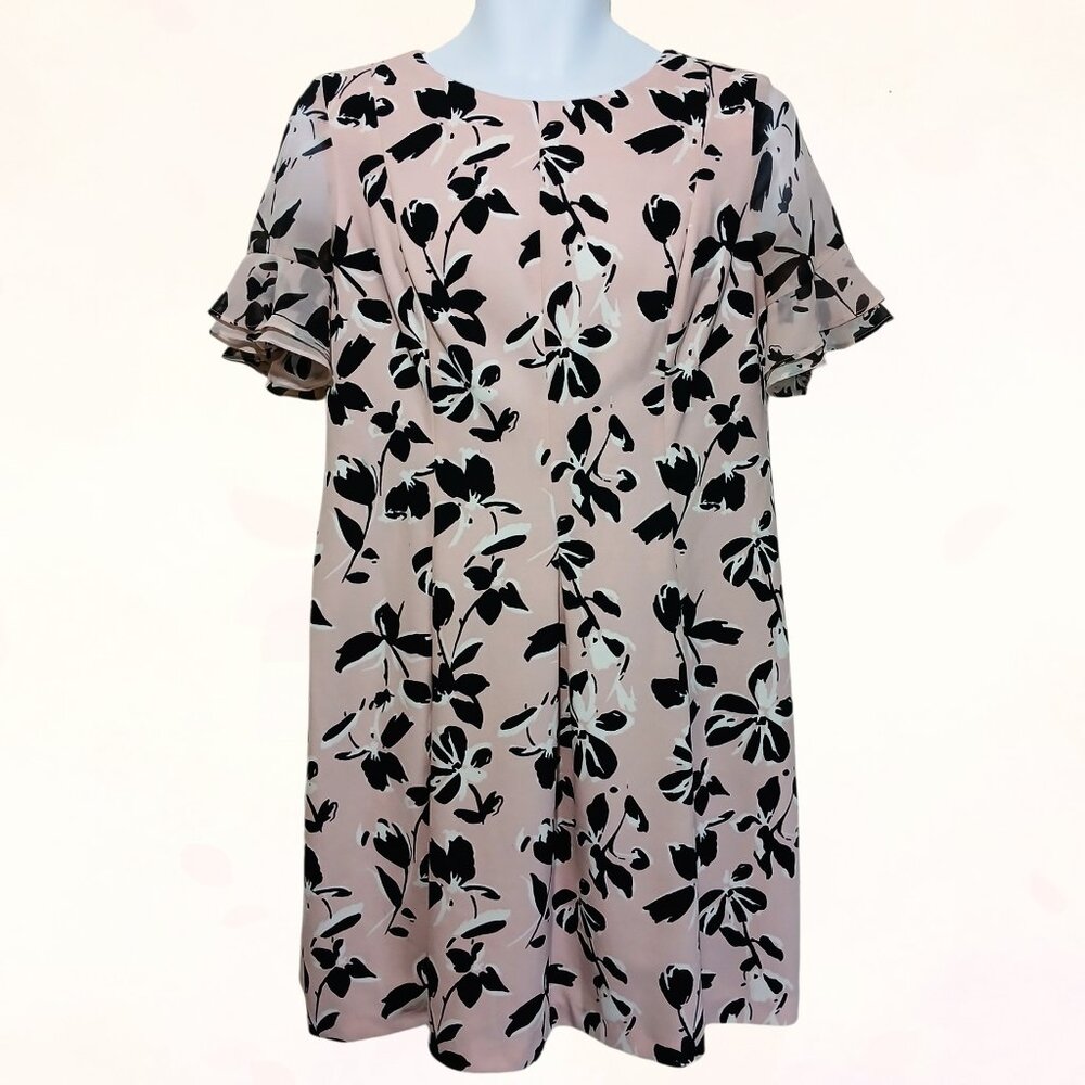 Studio One New York Women Fit & Flare Short Sleeve Pink Black Floral Dress Sz 12
